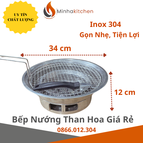 bếp than hoa kích thước 34 cm thân inox 304